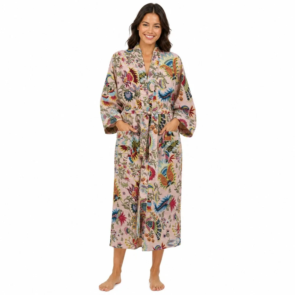 Pink Floral Kimono Robe One Size Boho Spa Lounge Cover Up Sleepwear Vacation
